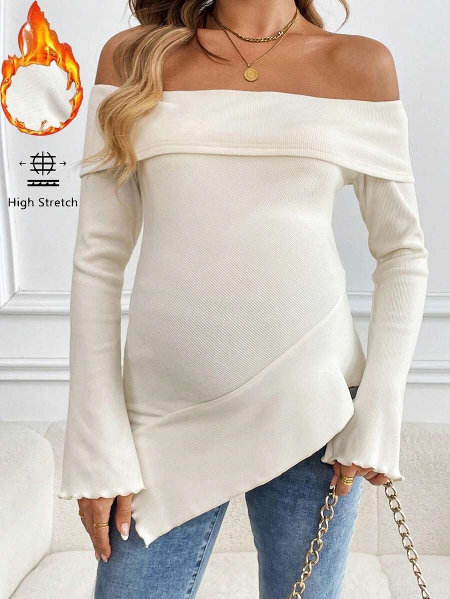 SHEIN Áo thun dài tay trễ vai đơn giản, viền bất đối xứng, màu trơn dành cho phụ nữ, dành cho bà bầu - trắng - Xem 1