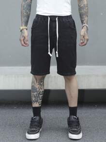 Manfinity EMRG Men's Drawstring Waist Flap Pockets Bermuda Casual Denim Shorts - Black - View 6