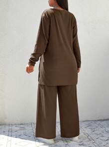 EURMUSE Plus Solid Split Hem Tee & Wide Leg Pants - Brown - View 2