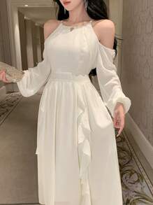 DAZY Đầm dài tay màu trơn dành cho nữ, cổ bèo nhún, khoét eo, thanh lịch, thích hợp cho sinh nhật, đêm giao thừa, dạ hội, trang phục mùa thu, trang phục đi học. - trắng - Xem 7