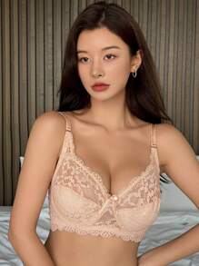 DAZY 蕾丝拼接扇形边饰纯色文胸女士内衣 - 杏色 - 查看 8