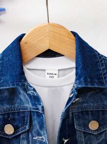 SHEIN Baby Girls' Cute Furry Patchwork Washed Denim Set, For Autumn & Spring, Halloween Theme - Dark Wash - View 3