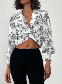 SHEIN Privé Damen elegante romantische Bluse mit Blumenprint und Puffärmeln für Urlaub, schwarze und weiße Bluse