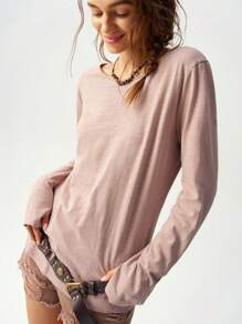 Bohemela Effen kleur ronde hals lange mouw maxi T-shirt voor dames
