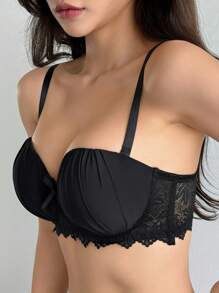 DAZY Pleated Lace Patchwork Underwired Padded Bra , Black - Black - View 5