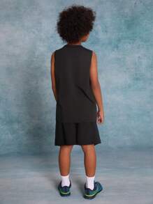 SHEIN Tween Boy Knitted Printed Vest With Slanted Pockets And Drawstring Shorts Sports Two-Piece Set - Black - View 3