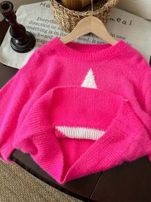 LMoss Kids Tween Girl Star Pattern Round Neck Drop Shoulder Sweater, Sibling Outfits,In Fall/Winter - Hot Pink - View 6