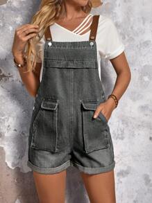 SHEIN LUNE Women's Solid Color Simple Daily Denim Jumpsuit - Grey - View 1