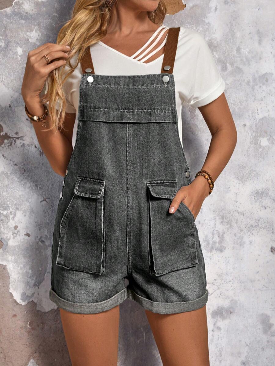 SHEIN LUNE Women's Solid Color Simple Daily Denim Jumpsuit - Grey - View 1