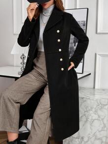 EMERY ROSE Women's Woolen Long Sleeve Shirt With Button Decoration, Solid Minimalist Style - Black - View 3