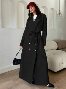 Aloruh Women's Casual Linen Long Open Front Double Breasted Trench Coat, Autumn Winter - Black - View 4