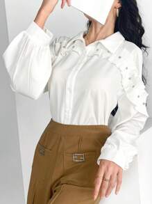 Modelyn 女士纯色简约日常长袖衬衫 - 白色 - 查看 8