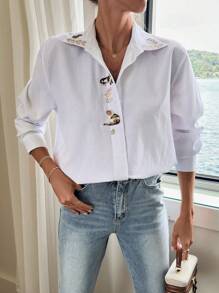 EURMUSE Cotton COTTONLINE Cat Pattern & Flower Embroidery Detailed Cutest Shirt Ever - White - View 4