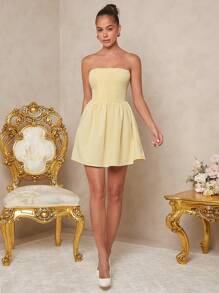 SHEIN Unity Stylish Strapless Romper With Pleated Bodice And Flared Dress