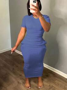 SHEIN Plus Size Women's Summer Solid Color Round Neck Short Sleeve Fitted Pocket Casual Dress - Dusty Blue - View 4