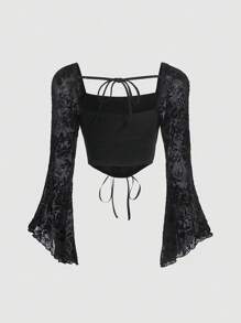 SHEIN MOD Camiseta de manga larga de corte semitransparente con pliegues en el pecho y mangas acampanadas en talla grande para mujer, con costuras negras