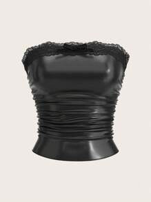 SHEIN EZwear Women's Black Leather Patchwork Lace Bandeau Top