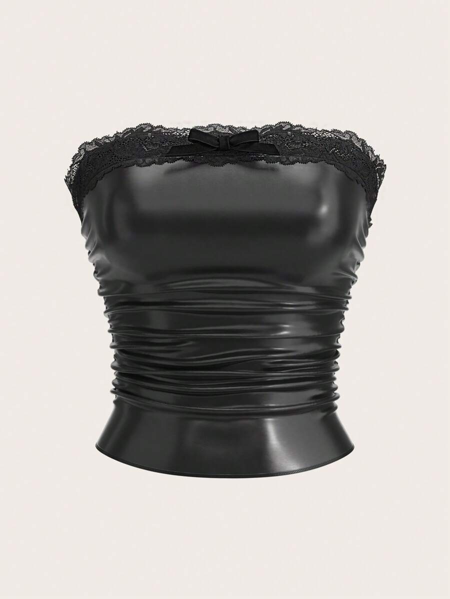 SHEIN EZwear Women's Black Leather Patchwork Lace Bandeau Top