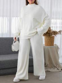 EURMUSE Plus Size Women Sweater With Pearl Detailed And Knit Pant, For Winter - White - View 6