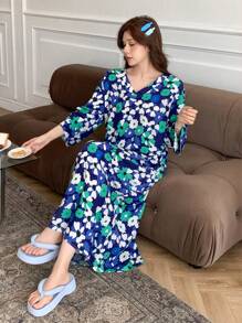 DAZY V 领长款花卉印花睡袍 - 藍色 - 查看 4