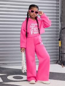 SHEIN Tween Girl Retro Knitted Long Sleeve Hoodie Set, Sibling Outfits And Me Matching Outfits (2 Sets Are Sold Separately), Fleece, Thickened - Hot Pink - View 7