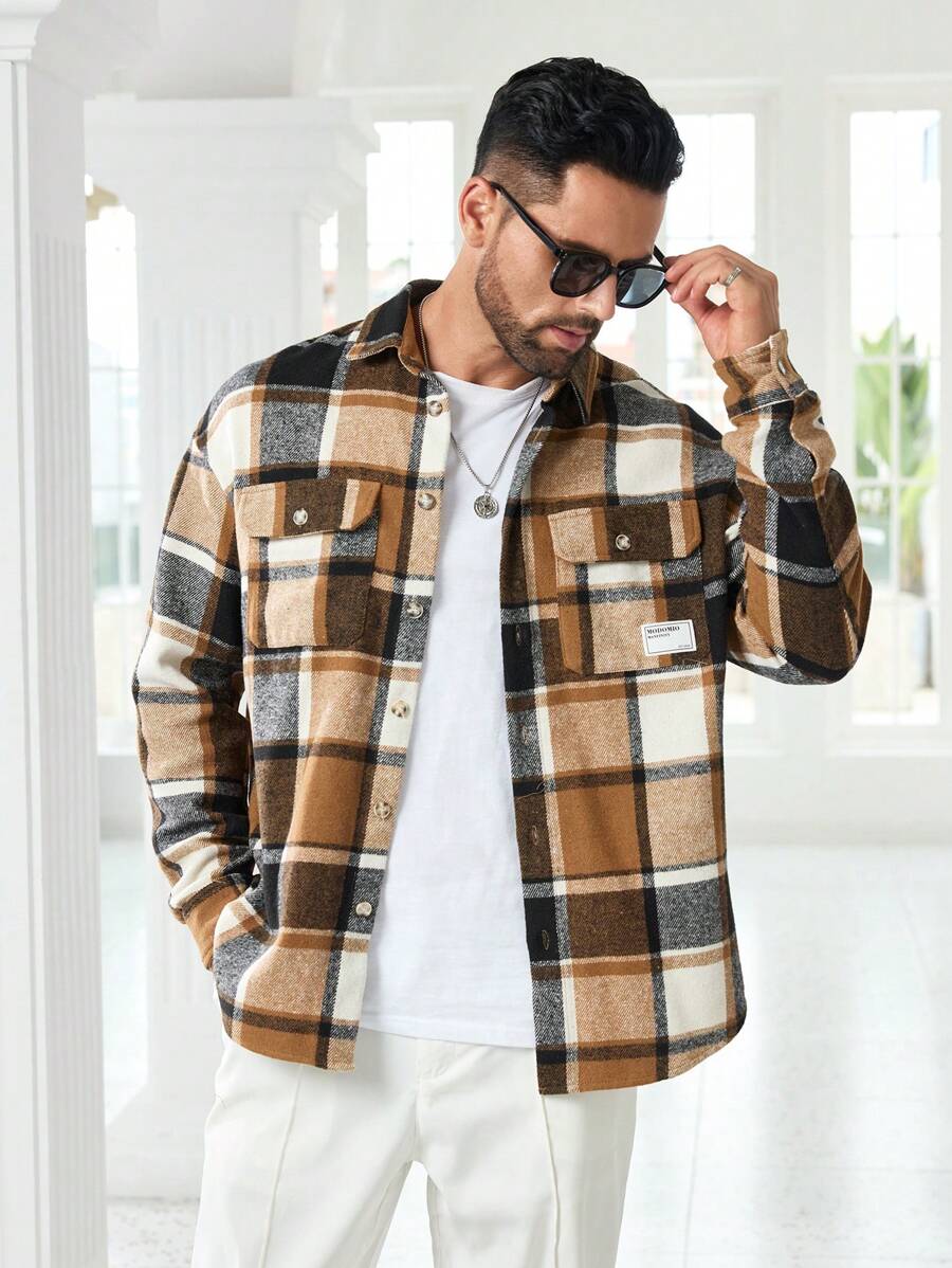Manfinity BRENVOR 男士梭织格子休闲宽松长袖工作复古保暖夹克彩色大衣，适合朋友、丈夫、男朋友的礼物，适合秋冬