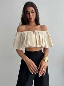 SHEIN Privé Plus Kích Thước Thanh Lịch Đơn Giản Hàng Ngày Ngày Lãng Mạn Ngoài Vai Ngắn Eo Dây Rút Cổ Chữ V Rời Hoa Mai Áo Sơ Mi Nữ - Màu be - Xem 2