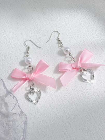 Kawaii 1pair Cute Pink Bow Heart Earrings For Women, Daily Wear Valentines,Mom,Mother,Mother's Day,Gift