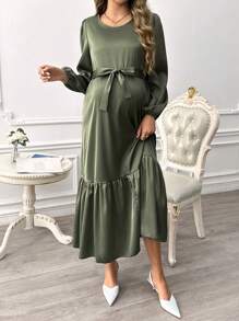SHEIN 孕妇纯色圆领长袖前系带休闲连衣裙 - 軍綠色 - 查看 5