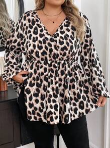 SHEIN CURVE+ Plus Size Elegant Oblique Collar Waist Gathered A-Line Leopard Print Blouse - Multicolor - View 6