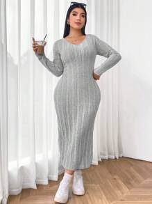 SHEIN EZwear Vestido ajustado largo de punto acanalado gris para mujer de talla grande - Gris - Ver 4