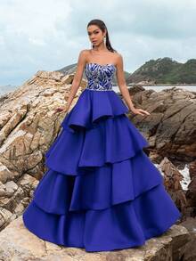 Faeriesty 花卉亮片紧身胸衣拼接多层缎面下摆正式舞会礼服 - 寶藍色 - 查看 4