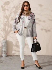 EMERY ROSE 大码女式秋季花卉印花缺口领长袖金属双排扣优雅西装外套 - 杏色 - 查看 6