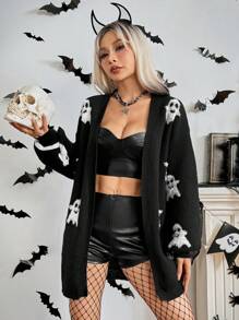 Chiquease Halloween Women's Cute Ghost Pattern Cardigal With V-Neckline Fall Winter Cloth For Women - Black and White - View 3