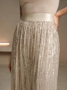 Anewsta 女士直腿休闲松紧腰宽松亮片装饰飘逸长裤 - 香檳色 - 查看 6