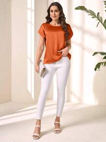 EMERY ROSE Áo cánh dơi cổ tròn tay ngắn màu trơn mùa hè cho nữ, áo tay ngắn - Gỗ đỏ - Xem 3