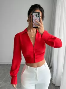 RosyDaze 女士 V 领长袖褶皱商务优雅迷人成熟衬衫新年衣服女士衬衫，长袖上衣 - 紅色 - 查看 3