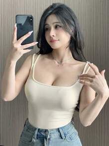 DAZY Women's Solid Color Thermal Lined Tank Top For Autumn/Winter Preppy Tops,Thermal Lined - White - View 9