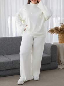 EURMUSE Plus Size Women Sweater With Pearl Detailed And Knit Pant, For Winter - White - View 1