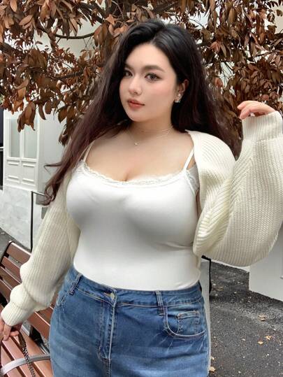 Dazy Plus Áo len cardigan ngắn màu trơn cỡ lớn dành cho nữ, dành cho quần áo mùa đông, mùa thu