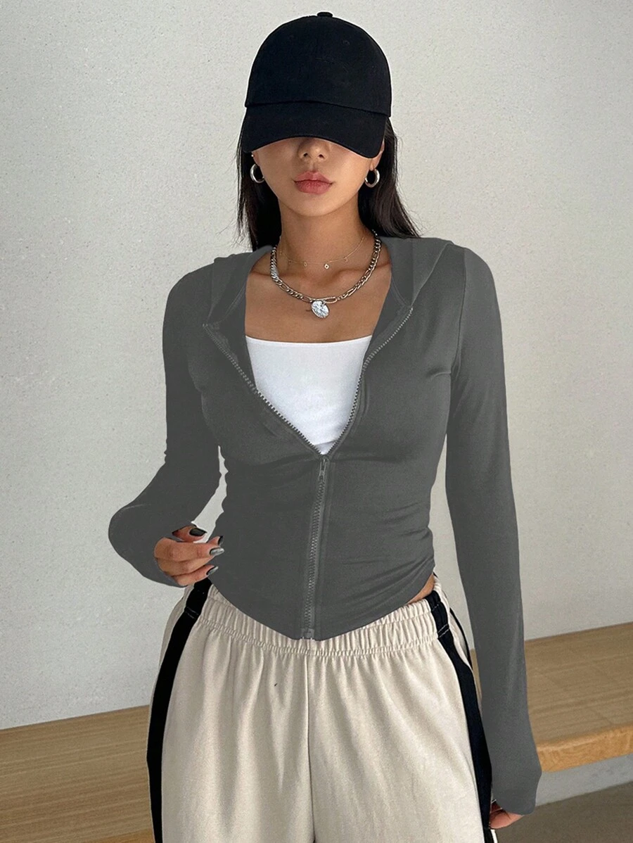 DAZY 女士修身连帽开衫 T 恤 - 灰色 - 查看 1