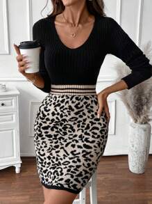 SHEIN Clasi V 领豹纹紧身长袖毛衣连衣裙 - 黑色 - 查看 5