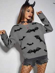 PUNK Fun Bat Print Sweater For Halloween Knit Pullover Fall Winter Outfit - Multicolor - View 5