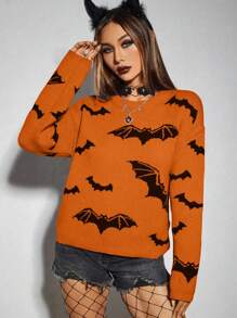 PUNK Women Funny Bat Pattern Crew Neck Long Sleeve Sweater, Halloween, Knit Pullover Fall Winter - Multicolor - View 3