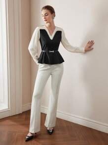 MOTF PREMIUM TWO TONE V-NECK LANTERN SLEEVE PEPLUM TOP WITHOUT BELT