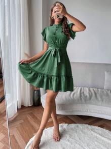 SHEIN Clasi 女士圆领纽扣蝙蝠袖腰带荷叶边下摆设计短袖连衣裙 - 墨綠色 - 查看 1