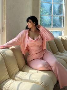 Flirla Plus Size Áo cổ lọ màu trơn không tay kèm áo khoác và quần có mũ trùm đầu - Hồng - Xem 4