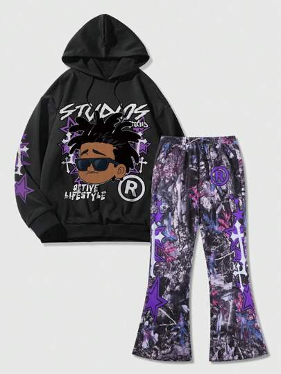Street Life 2pcs Men's Printed Hoodie Sweatshirt And Pants Tracksuit Set