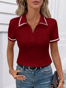 SHEIN Clasi Áo thun mỏng thường ngày có khóa kéo màu mùa hè dành cho nữ - Màu Đỏ Sâu - Xem 3