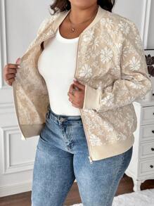 SHEIN LUNE Áo khoác Jacquard họa tiết hoa giản dị mùa xuân/thu cỡ lớn - Màu be - Xem 3